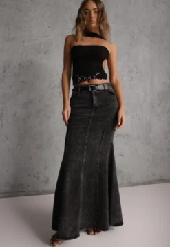 Czarna Spódnica Syrenka z Bawełny Jeansowa High Waist z Paskiem Appala