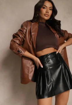 Czarna Spódnica z Bawełną High Waist z Imitacji Skóry z Napami Tillaria