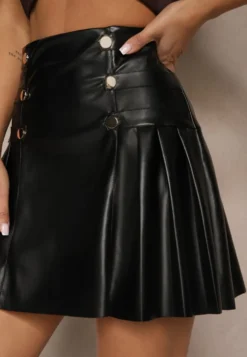 Czarna Spódnica z Bawełną High Waist z Imitacji Skóry z Napami Tillaria