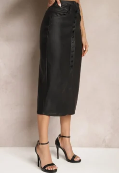 Czarna Spódnica z Imitacji Skóry High Waist z Rozcięciem i Napami z Przodu Asttia