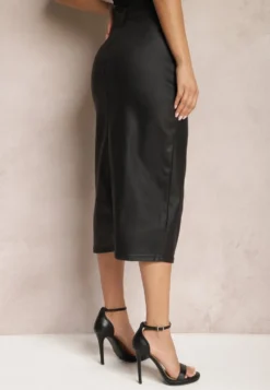 Czarna Spódnica z Imitacji Skóry High Waist z Rozcięciem i Napami z Przodu Asttia