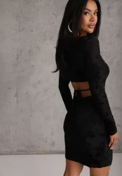 Czarna Sukienka Bodycon z Kwiatowym Wzorem z Weluru i Wiązaniem z Tyłu Telesa