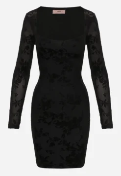Czarna Sukienka Bodycon z Kwiatowym Wzorem z Weluru i Wiązaniem z Tyłu Telesa