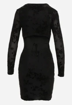 Czarna Sukienka Bodycon z Kwiatowym Wzorem z Weluru i Wiązaniem z Tyłu Telesa