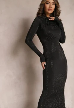 Czarna Sukienka Maxi z Ozdobnym Marszczeniem i Ćwiekami Velvetina