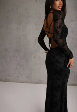 Czarna Sukienka VICES Bodycon z Siateczki Ozdobionej Wzorem w Kwiaty Rivita
