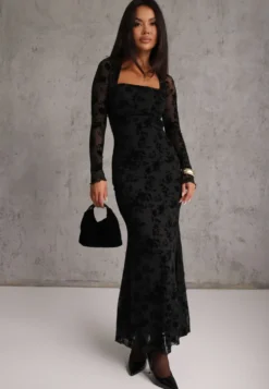 Czarna Sukienka VICES Bodycon z Siateczki Ozdobionej Wzorem w Kwiaty Rivita