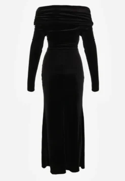 Czarna Sukienka z Weluru VICES Off Shoulder z Rozcięciem Elinesh