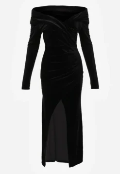 Czarna Sukienka z Weluru VICES Off Shoulder z Rozcięciem Elinesh