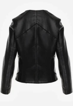 Czarna Taliowana Kurtka Biker z Dekoltem Crew Neck Ozdobiona Przeszyciami Nelithaen