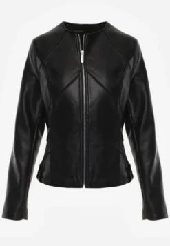 Czarna Taliowana Kurtka Biker z Dekoltem Crew Neck Ozdobiona Przeszyciami Nelithaen