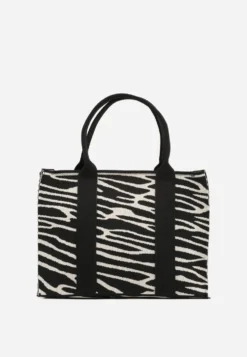 Czarna Torebka Tote z Rączką i Paskiem w Animal Print Horda