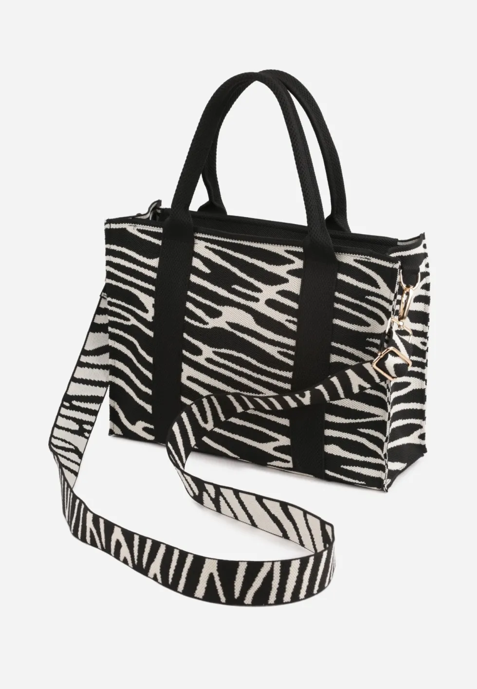 Czarna Torebka Tote z Rączką i Paskiem w Animal Print Horda
