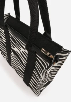 Czarna Torebka Tote z Rączką i Paskiem w Animal Print Horda