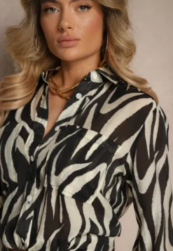 Czarna Transparentna Koszula z Wiskozy o Klasycznym Kroju w Print Zebra Covianne