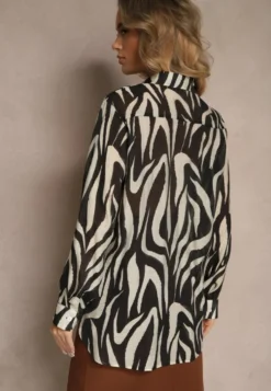 Czarna Transparentna Koszula z Wiskozy o Klasycznym Kroju w Print Zebra Covianne