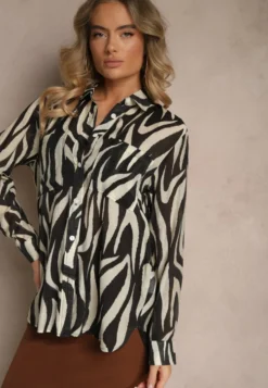 Czarna Transparentna Koszula z Wiskozy o Klasycznym Kroju w Print Zebra Covianne