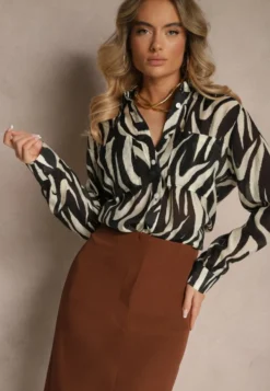 Czarna Transparentna Koszula z Wiskozy o Klasycznym Kroju w Print Zebra Covianne