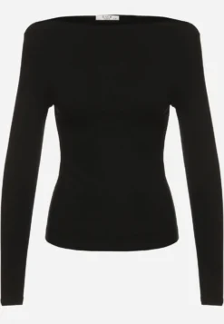 Czarna Wiskozowa Bluzka Longsleeve z Dekoltem Typu Łódka Zaide