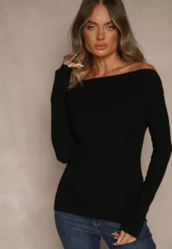 Czarna Wiskozowa Bluzka Longsleeve z Dekoltem Typu Łódka Zaide