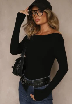 Czarna Wiskozowa Bluzka Longsleeve z Dekoltem Typu Łódka Zaide