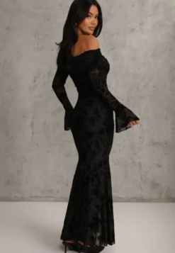 Czarna Wizytowa Sukienka VICES Off Shoulder z Kwiatowym Wzorem z Weluru Adrakharei