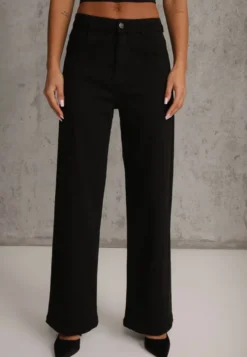 Czarne Bawełniane Jeansy High Waist z Szerokimi Nogawkami Leetie