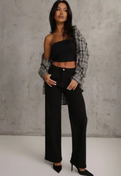 Czarne Bawełniane Jeansy High Waist z Szerokimi Nogawkami Leetie