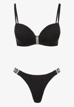 Czarne Bikini Biustonosz i Majtki Figi z Aplikacją z Cyrkoniami Nateria