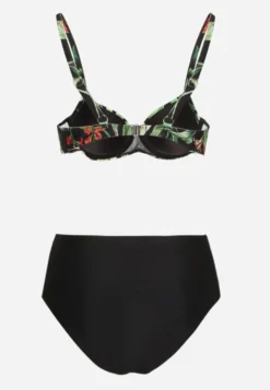 Czarne Bikini Biustonosz w Liście i Majtki Figi z Siateczkowymi Wstawkami Kinalea