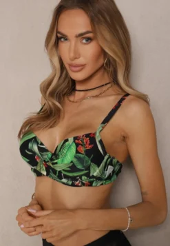 Czarne Bikini Biustonosz w Liście i Majtki Figi z Siateczkowymi Wstawkami Kinalea
