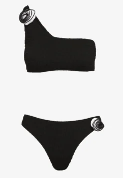 Czarne Bikini 2-Częściowe Asymetryczny Stanik i Majtki z Aplikacjami Kwiatu Namsilea