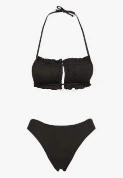Czarne Bikini Majtki Figi Biustonosz z Wiązaniem Ozdobiony Marszczeniem Folinira