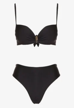 Czarne Bikini Majtki Figi i Biustonosz z Metaliczną Ozdobą Kinalenna
