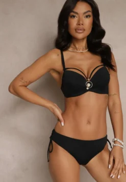 Czarne Bikini Majtki Figi z Regulacją i Biustonosz z Ozdobą Natrissa