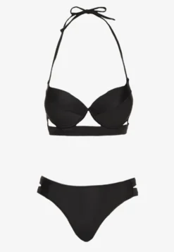 Czarne Bikini Majtki Figi z Wycięciami i Biustonosz z Ozdobnymi Paskami Kinalana