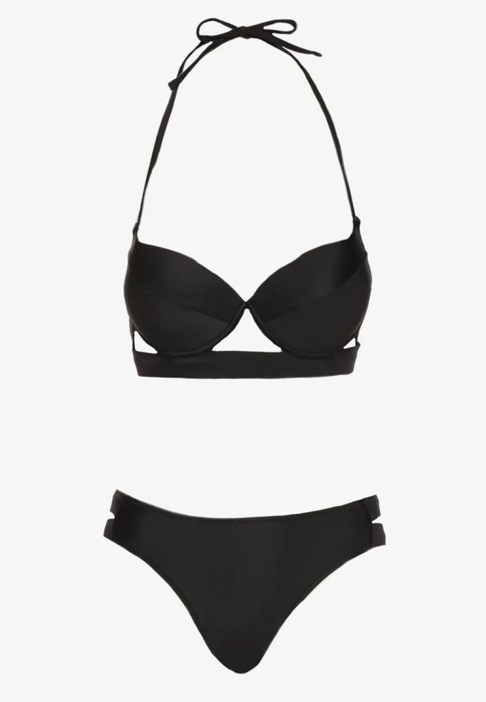 Czarne Bikini Majtki Figi z Wycięciami i Biustonosz z Ozdobnymi Paskami Kinalana
