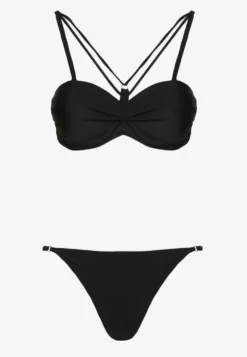 Czarne Bikini Majtki Typu Figi i Biustonosz z Ozdobnymi Paskami Fadelinna
