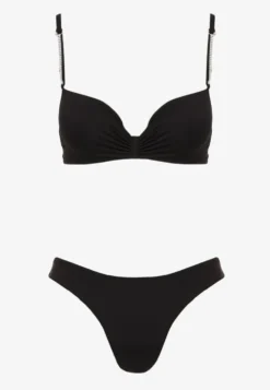 Czarne Bikini Usztywniany Biustonosz z Cyrkoniami i Spodenki Kąpielowe Wykończone Gumką w Pasie Rilamia