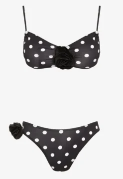 Czarne Bikini w Grochy z Kwiatowymi Aplikacjami Biustonosz i Figi Loritia