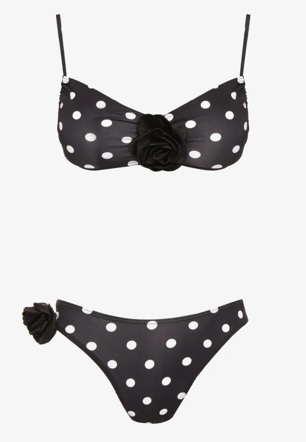 Czarne Bikini w Grochy z Kwiatowymi Aplikacjami Biustonosz i Figi Loritia