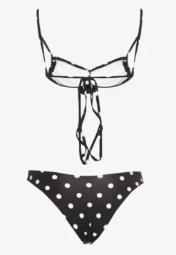 Czarne Bikini w Grochy z Kwiatowymi Aplikacjami Biustonosz i Figi Loritia
