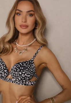 Czarne Bikini w Panterkowy Wzór Biustonosz i Majtki Figi Zdobione Wycięciami Savrienne