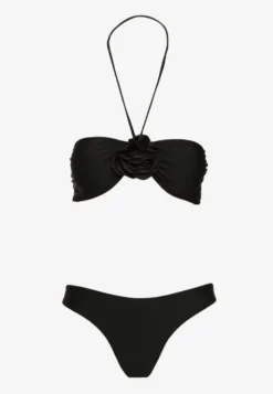 Czarne Bikini ze Spódniczką Ozdobione Kwiatową Aplikacją 3D Coren
