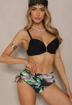 Czarne Bikini z Motywem Roślinnym Biustonosz i Majtki Figi ze Ściągaczami Sadorene