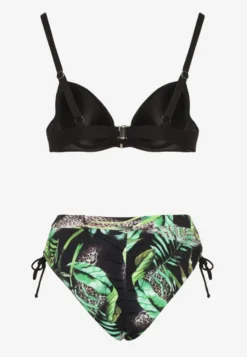 Czarne Bikini z Motywem Roślinnym Biustonosz i Majtki Figi ze Ściągaczami Sadorene