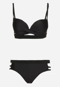 Czarne Bikini z Ozdobnymi Wycięciami Wiązany Biustonosz i Majtki Figi Kinessa