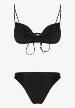 Czarne Bikini z Wiązaną Górą Ozdobione Kwiatowymi Aplikacjami Rivashan