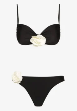 Czarne Bikini z Wiązaną Górą Ozdobione Kwiatowymi Aplikacjami Rivashan