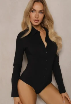 Czarne Body Koszulowe z Bawełną na Guziki Temirelle